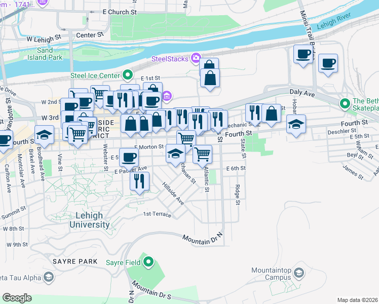 map of restaurants, bars, coffee shops, grocery stores, and more near 704 East 5th Street in Bethlehem