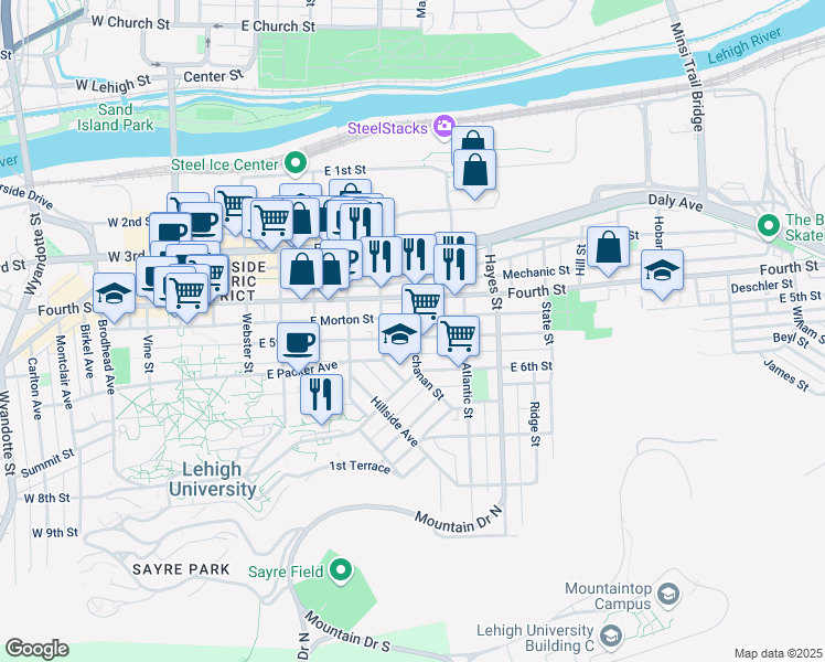 map of restaurants, bars, coffee shops, grocery stores, and more near 704 East 5th Street in Bethlehem