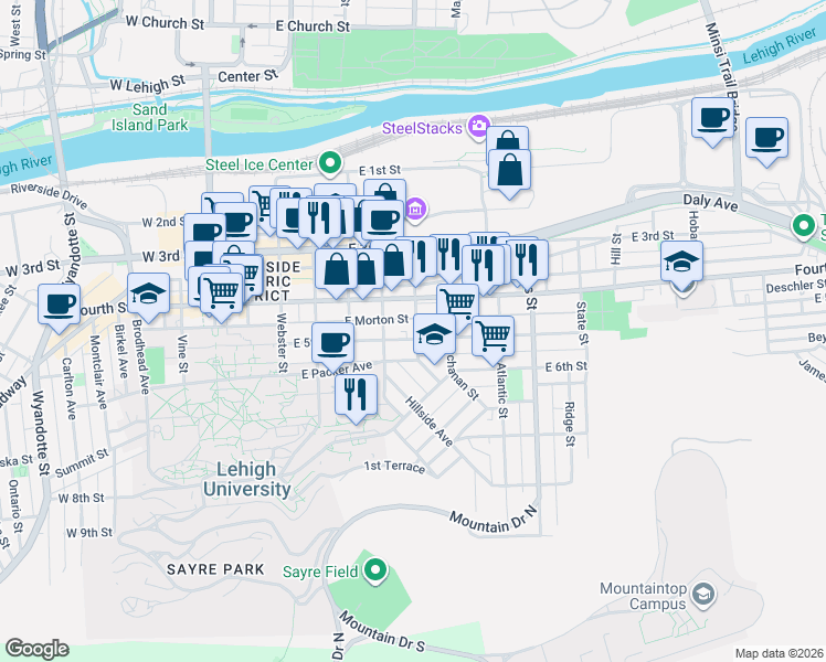 map of restaurants, bars, coffee shops, grocery stores, and more near 602 East 5th Street in Bethlehem