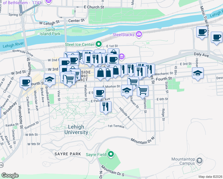 map of restaurants, bars, coffee shops, grocery stores, and more near 429 East 5th Street in Bethlehem