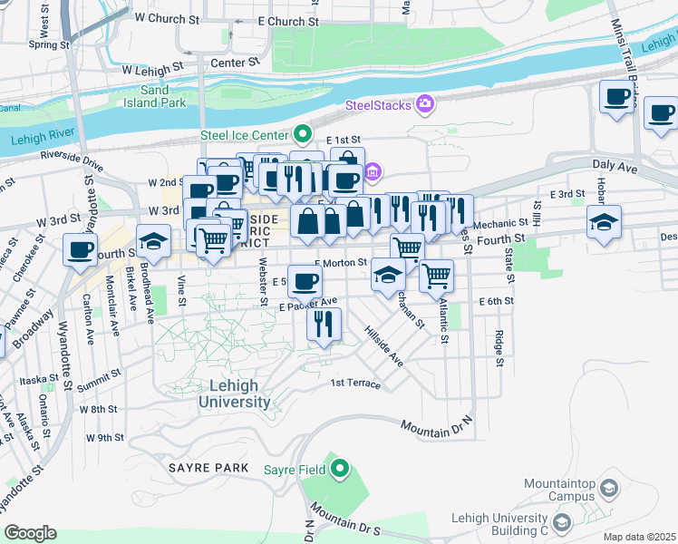 map of restaurants, bars, coffee shops, grocery stores, and more near 429 East 5th Street in Bethlehem