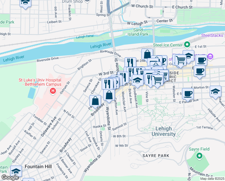 map of restaurants, bars, coffee shops, grocery stores, and more near in Bethlehem