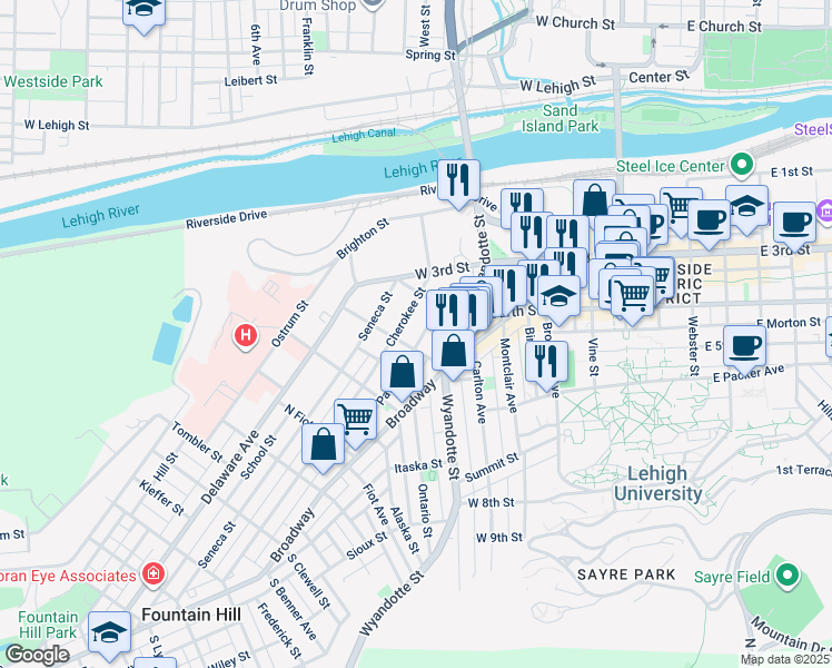 map of restaurants, bars, coffee shops, grocery stores, and more near 614 Dakotah Street in Bethlehem