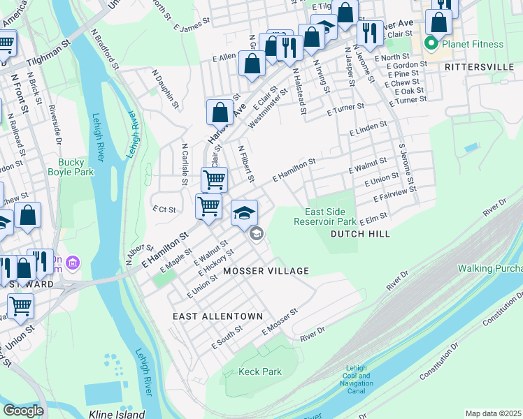 map of restaurants, bars, coffee shops, grocery stores, and more near 28 South Ellsworth Street in Allentown