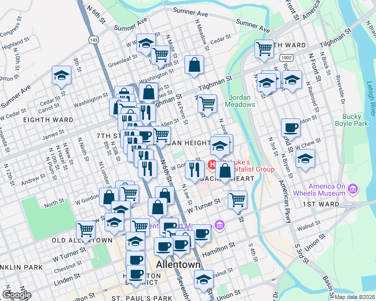 map of restaurants, bars, coffee shops, grocery stores, and more near in Allentown