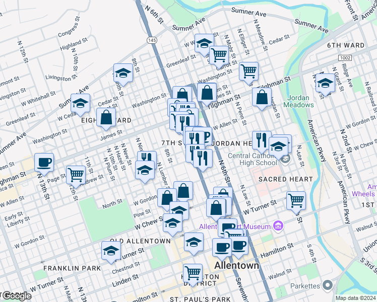 map of restaurants, bars, coffee shops, grocery stores, and more near 540 North 7th Street in Allentown