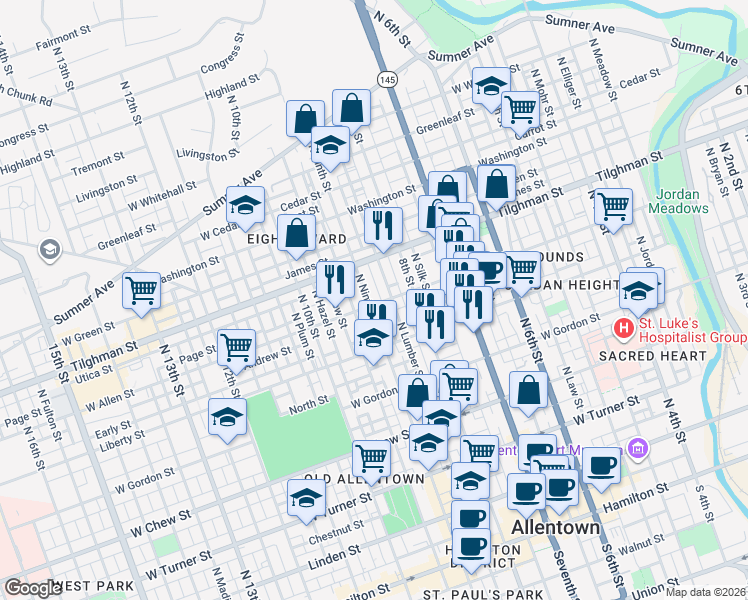 map of restaurants, bars, coffee shops, grocery stores, and more near 826 Allen Street in Allentown