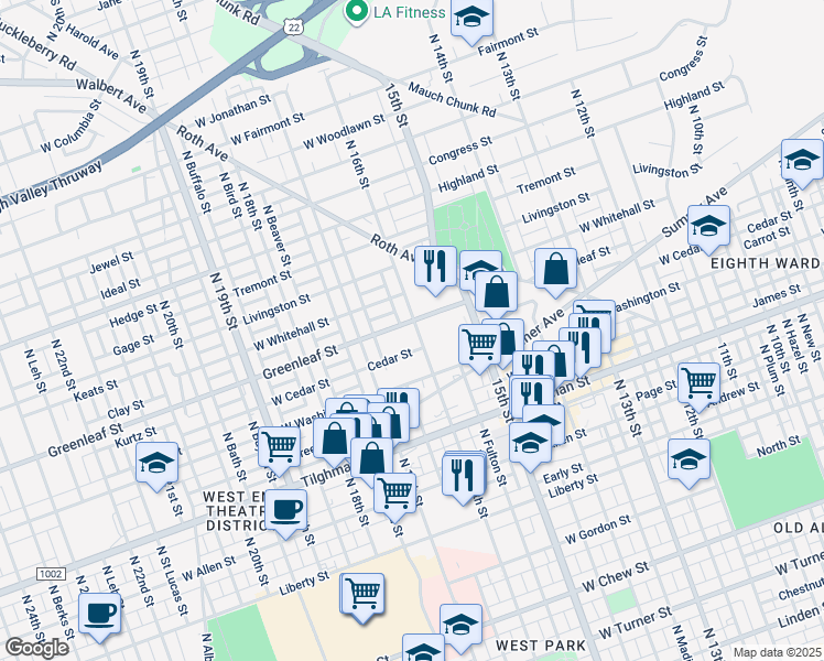 map of restaurants, bars, coffee shops, grocery stores, and more near 1608 Greenleaf Street in Allentown