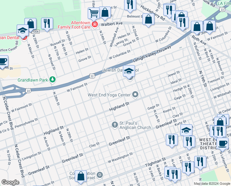 map of restaurants, bars, coffee shops, grocery stores, and more near 2424 Pennsylvania Street in Allentown