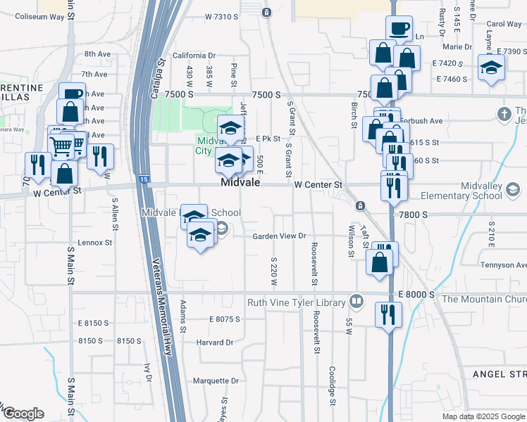 map of restaurants, bars, coffee shops, grocery stores, and more near 242 75 South in Midvale