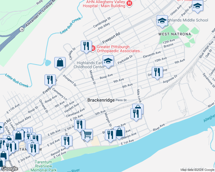 map of restaurants, bars, coffee shops, grocery stores, and more near 1039 8th Avenue in Brackenridge