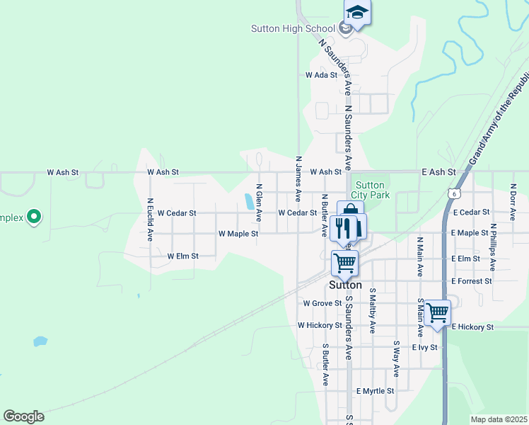 map of restaurants, bars, coffee shops, grocery stores, and more near 468 West Cedar Street in Sutton