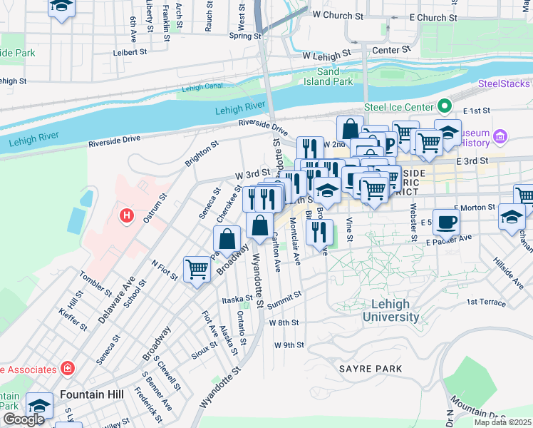 map of restaurants, bars, coffee shops, grocery stores, and more near 417 Wyandotte Street in Bethlehem