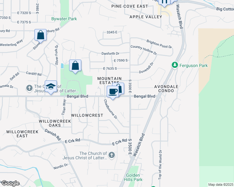 map of restaurants, bars, coffee shops, grocery stores, and more near 3425 East Bengal Boulevard in Cottonwood Heights