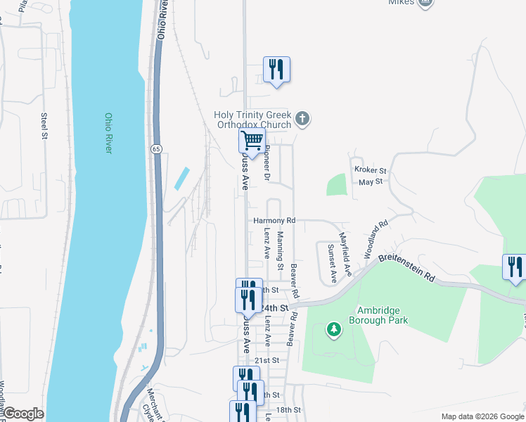 map of restaurants, bars, coffee shops, grocery stores, and more near 2751 Duss Avenue in Ambridge