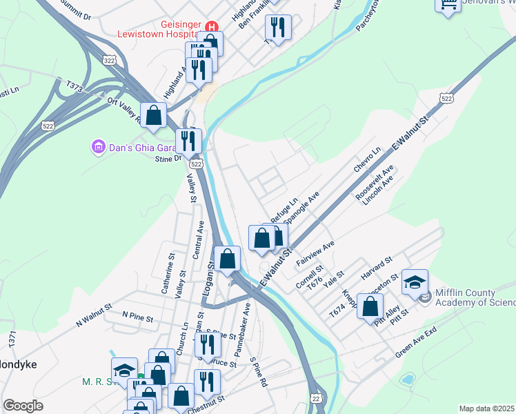 map of restaurants, bars, coffee shops, grocery stores, and more near 123 Spring Street in Lewistown