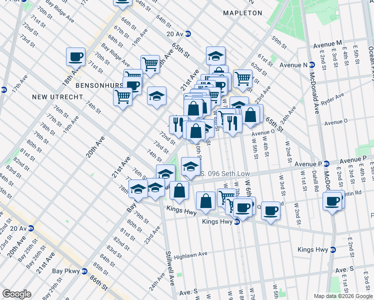 map of restaurants, bars, coffee shops, grocery stores, and more near 1510 West 11th Street in Brooklyn