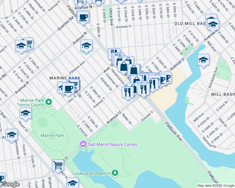 map of restaurants, bars, coffee shops, grocery stores, and more near 2127 Kimball Street in Brooklyn