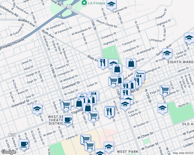 map of restaurants, bars, coffee shops, grocery stores, and more near 1608 Greenleaf Street in Allentown