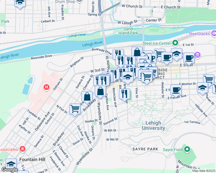 map of restaurants, bars, coffee shops, grocery stores, and more near 331 Broadway in Bethlehem