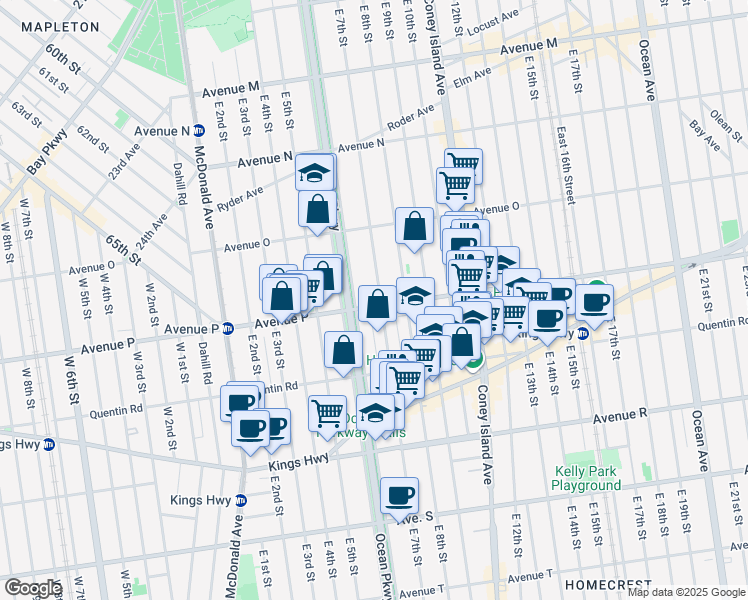 map of restaurants, bars, coffee shops, grocery stores, and more near 1690 East 7th Street in Brooklyn