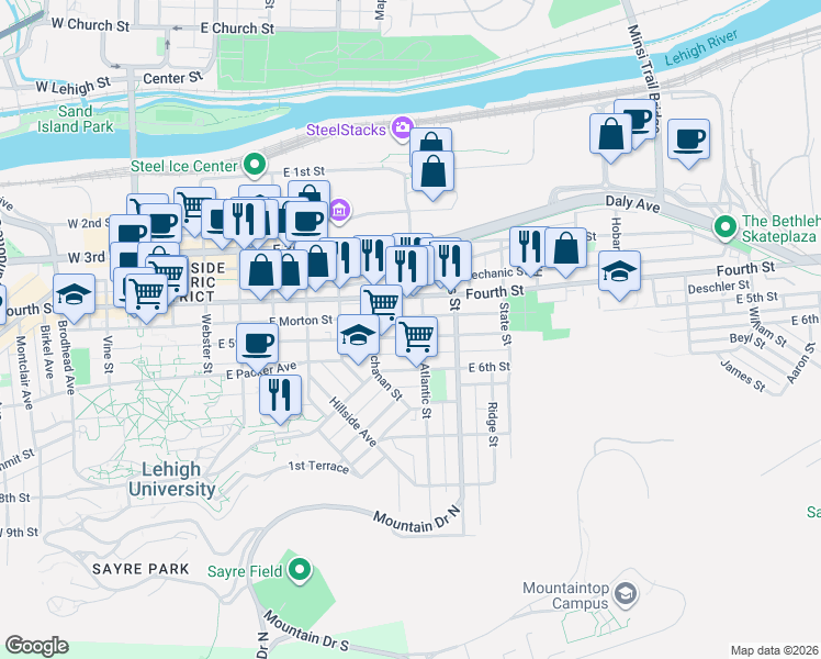 map of restaurants, bars, coffee shops, grocery stores, and more near 752 East 5th Street in Bethlehem