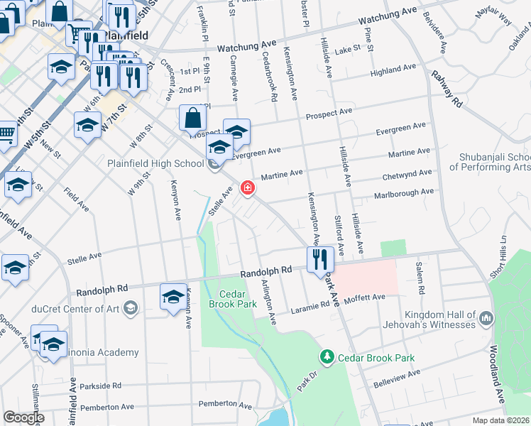 map of restaurants, bars, coffee shops, grocery stores, and more near 1106 Park Avenue in Plainfield