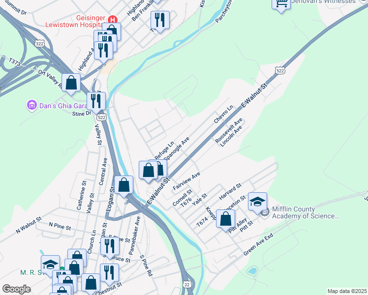 map of restaurants, bars, coffee shops, grocery stores, and more near 30 Spanogle Avenue in Lewistown
