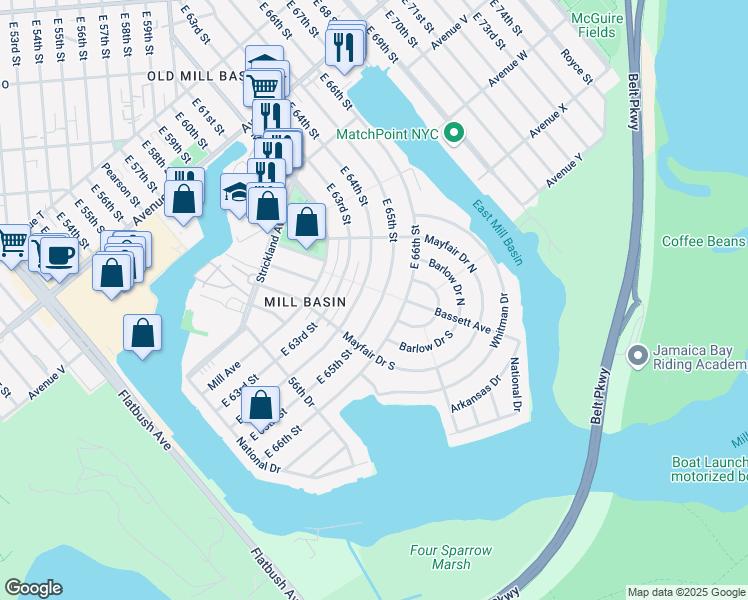 map of restaurants, bars, coffee shops, grocery stores, and more near 2510 East 65th Street in Brooklyn