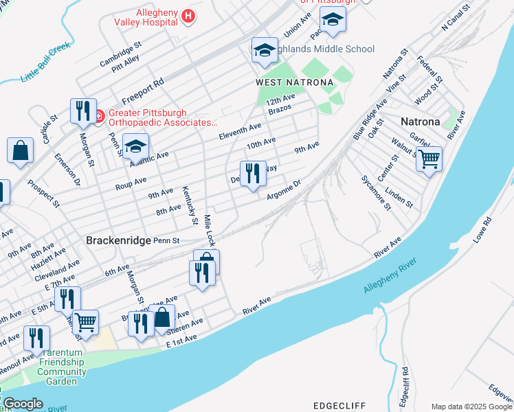 map of restaurants, bars, coffee shops, grocery stores, and more near 1254 Argonne Drive in Natrona Heights
