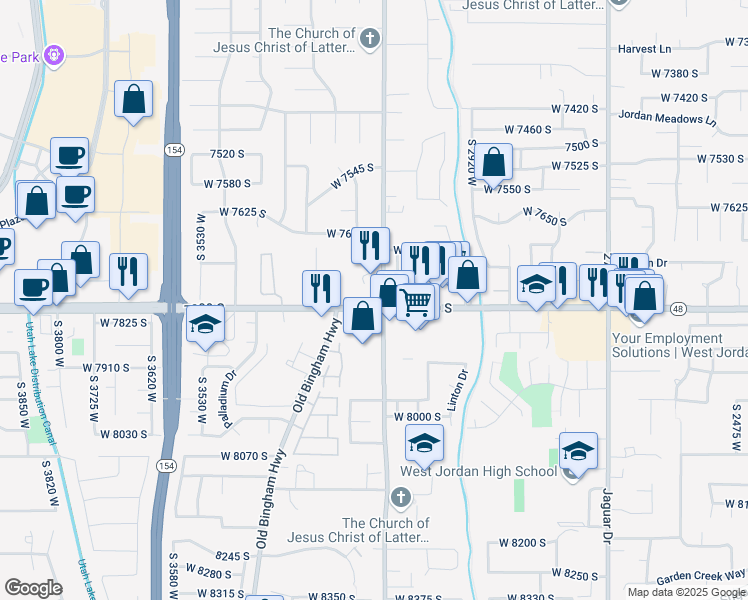 map of restaurants, bars, coffee shops, grocery stores, and more near 7816 3200 West in West Jordan