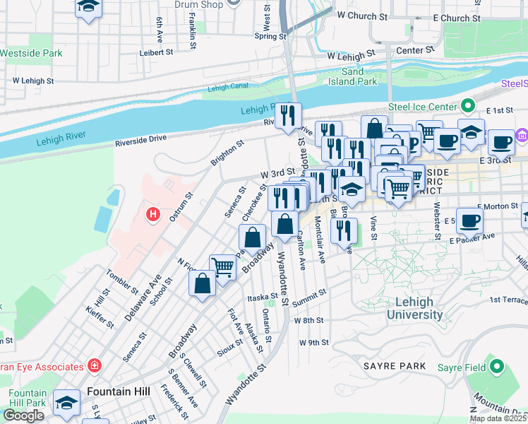 map of restaurants, bars, coffee shops, grocery stores, and more near 436 Pawnee Street in Bethlehem