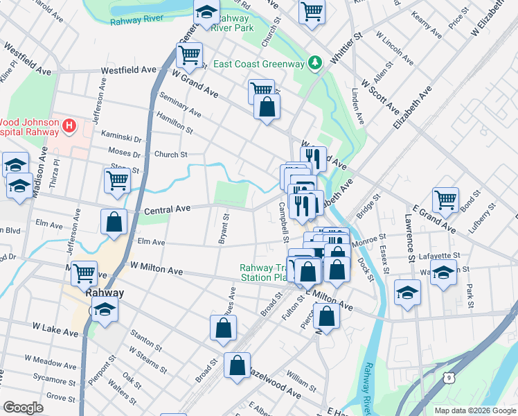 map of restaurants, bars, coffee shops, grocery stores, and more near 232 Central Avenue in Rahway