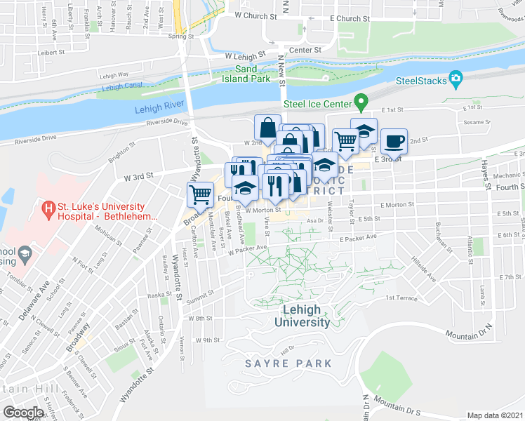 map of restaurants, bars, coffee shops, grocery stores, and more near 107 West Morton Street in Bethlehem