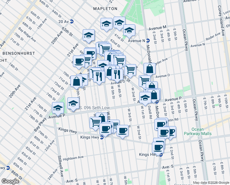 map of restaurants, bars, coffee shops, grocery stores, and more near 1481 West 8th Street in Brooklyn