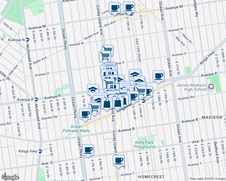 map of restaurants, bars, coffee shops, grocery stores, and more near 1957 Coney Island Avenue in Brooklyn