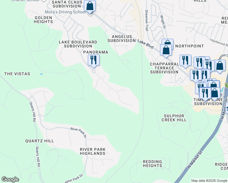 map of restaurants, bars, coffee shops, grocery stores, and more near 2905 Panorama Drive in Redding