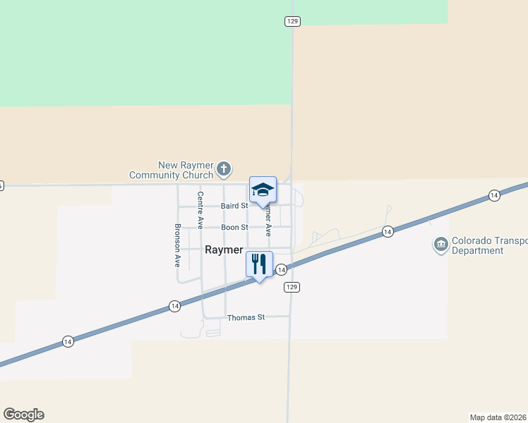 map of restaurants, bars, coffee shops, grocery stores, and more near 133 Raymer Avenue in Raymer