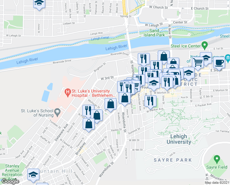map of restaurants, bars, coffee shops, grocery stores, and more near 436 Pawnee Street in Bethlehem