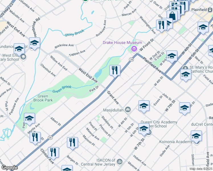map of restaurants, bars, coffee shops, grocery stores, and more near 750 West Front Street in Plainfield