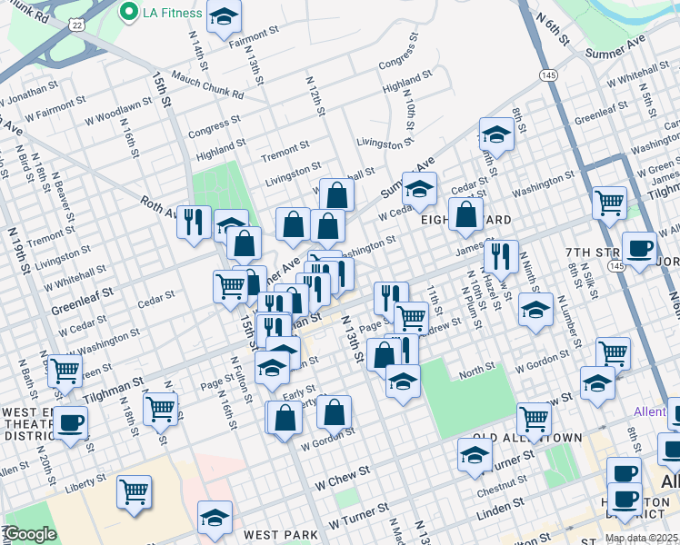 map of restaurants, bars, coffee shops, grocery stores, and more near 728 N 13th St in Allentown