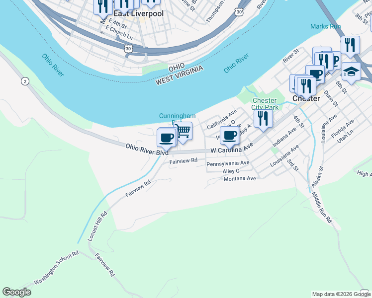 map of restaurants, bars, coffee shops, grocery stores, and more near 132 W Carolina Ave in Chester