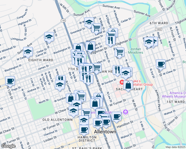 map of restaurants, bars, coffee shops, grocery stores, and more near 506 North 6th Street in Allentown
