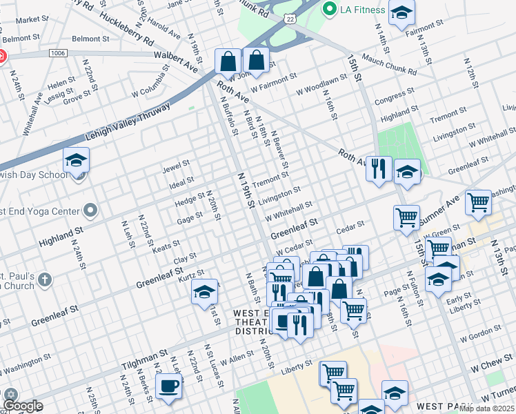 map of restaurants, bars, coffee shops, grocery stores, and more near 949 North 19th Street in Allentown