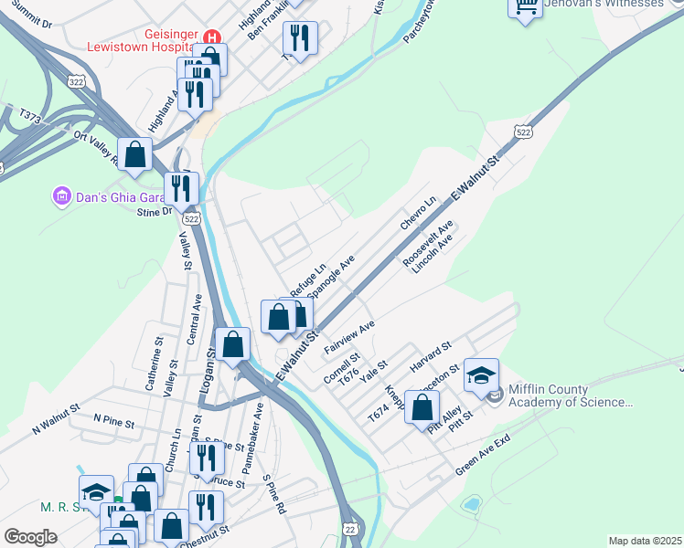 map of restaurants, bars, coffee shops, grocery stores, and more near 30 Spanogle Avenue in Lewistown