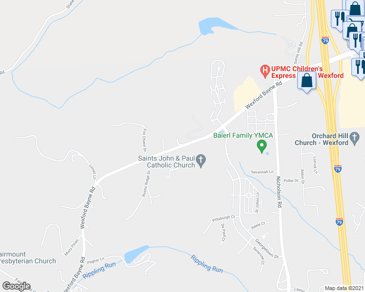 map of restaurants, bars, coffee shops, grocery stores, and more near Wexford Bayne Road in Sewickley