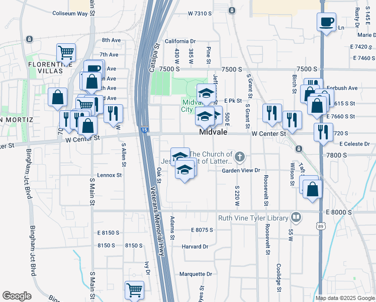 map of restaurants, bars, coffee shops, grocery stores, and more near 365 Alta View Drive in Midvale