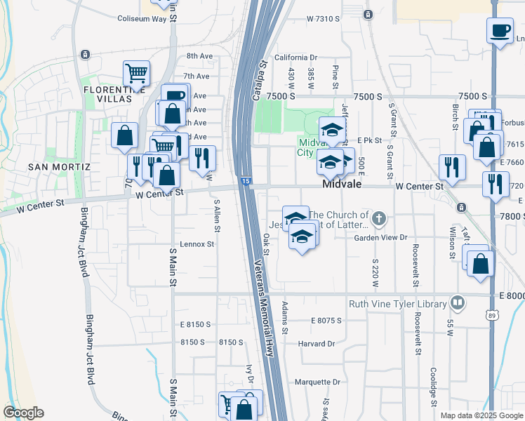 map of restaurants, bars, coffee shops, grocery stores, and more near 7801 Oak Street in Midvale