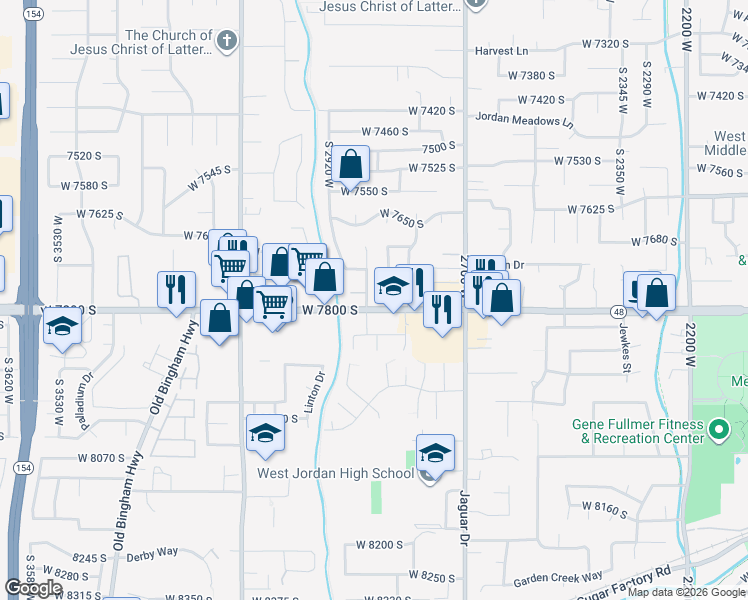 map of restaurants, bars, coffee shops, grocery stores, and more near in West Jordan
