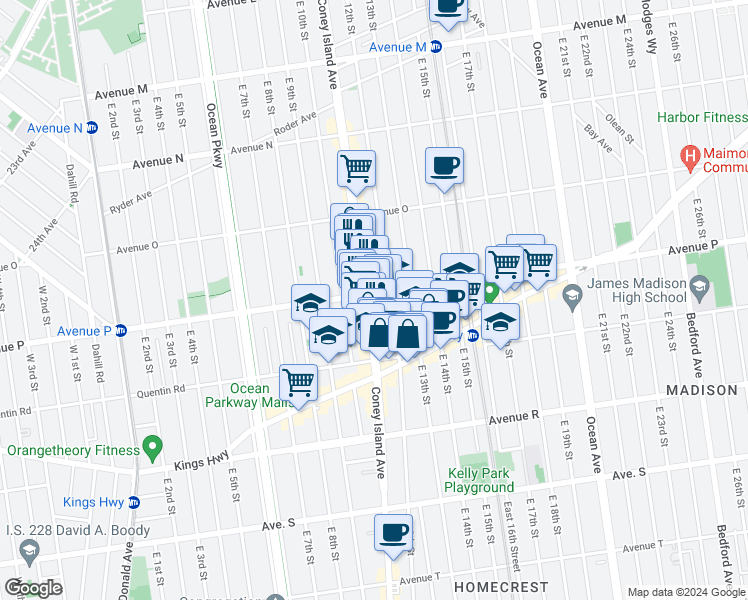 map of restaurants, bars, coffee shops, grocery stores, and more near 1957 Coney Island Avenue in Brooklyn